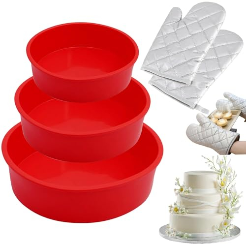 3 Pezzi di Stampi in Silicone per Dolci, 10+15+20cm Antiaderenti e 1 Paio Guanti da Forno - Stampo Rotondo per Torta, Strati e Arcobaleno