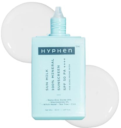 Hyphen Sun Milk 100% Mineral Sunscreen Spf 50 Pa++++ Uv+ Bluelight Protection, 25% Nano Zinc Oxide | Sensitive, Acne Prone & Oily Skin, Water Resistant Sun Protect | For Women And Men - 50 Ml