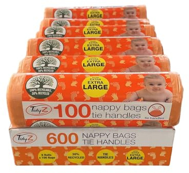 600 bolsas desechables extragrandes Tidyz con asas de amarre fabricadas con un mínimo de 30% plástico reciclado. En un rollo para mayor seguridad. Adecuado para pañales de bebé, toallitas, residuos de