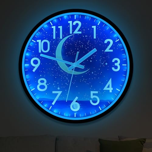 JoFomp Glow in The Dark Wall Clocks Battery Operated, 12 Inch Blue Moon Silent Wall Clock Non Ticking, LED Sound Control Light Up Wall Clock for Bedroom, Night Light Wall Clocks for Living Room Decor