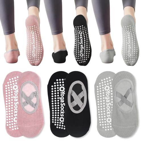UTXN Yogasocken, 3 Paar Yogasocken für Frauen, rutschfeste Grip-Socken, Pilates mit Riemen für Pilates, Ballett, Barre, Barfußtraining, Tanzen – Schweißabsorption