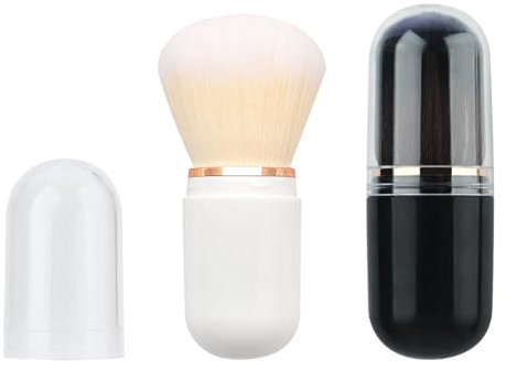 Pack of 2 Retractable Make Up Brushes, Travel Foundation Brush, Portable Mini Powder Brush, Face Blush Brush with Cover for Liquid Foundation, Powder Cosmetics, Cream, Black & White