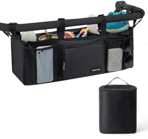 VMEECARL Double Stroller Organizer Universal with 2 Insulated Cup Holders & Cooler Bag, Large Storage Parent Console for Bob Duallie, Baby Jogger City Mini GT2