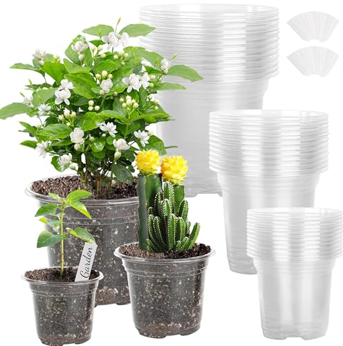 MUETKNYE Plant Nursery Pots 36 Pack 3 Sizes with 40 Labels | Transparent Plastic Seedling Containers 5/4/3.5 Inch, Indoor Outdoor