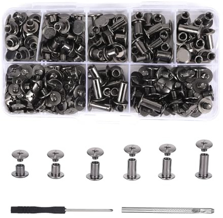 110 Satz Schwarz Schraubnieten mit Sortimentsbox,Buchschrauben Edelstahl,Chicago Schrauben Kit 6 GrößEn,M5X 4/5/6/8/10/12mm Ledernieten,Nieten für Leder Taschen GüRtel Buchbinderei Rucksäcke Basteln