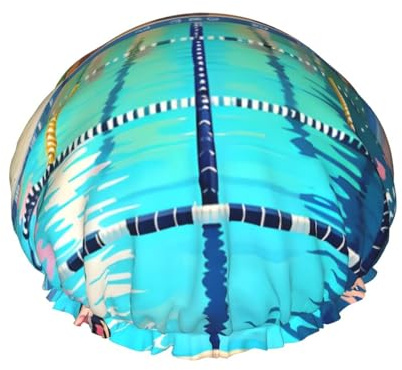 Duschhaube mit Flamingo- und Schwimmbad-Druck, wiederverwendbar, doppellagig, atmungsaktiv, schnell trocknend, perfekt für Zuhause, Spa, Hotel und Reisen