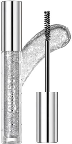 Flüssig Glitzer Mascara, Silber Glitter Wimperntusche, Voluminöse & Verlängerung Funkelnd Glänzend Wimperntusche, Wasserfest & Wischfest Diamant Glitter Mascara, Silver Bunt Mascara für Party Hochzeit
