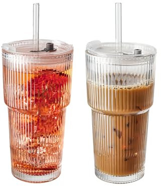 SUROQUE 20oz Ribbed Glass Tumblers with Lids & Straws, Ideal for Iced Coffee, Cocktails & More - Includes Cleaning Brush