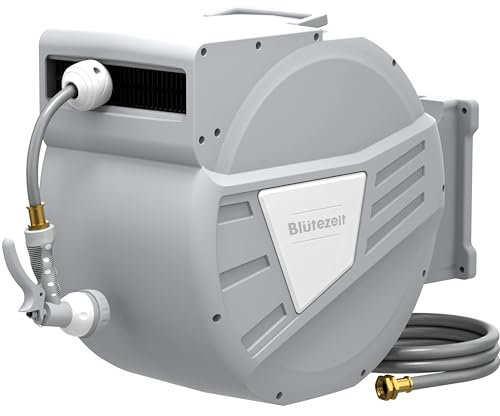 Blütezeit Retractable Garden Hose Reel 5/8'' x 100 ft, Heavy Duty Hose Reel Wall Mount with 3/4''GHT Brass Fitting, Automatic Slow Rewind, Any Length Lock, 180° Swivel, 9 Function Hose Nozzle