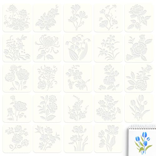 Realand Blumenschablonen zum Malen, Lotus, Tulpe, Glockenblume, Rose, wiederverwendbare Kunstblumenschablonen zum Basteln, Zeichnen, Sprühfarbe auf Wand, Holz, Papier, Leinwand, 13 x 13 cm, 24 Stück