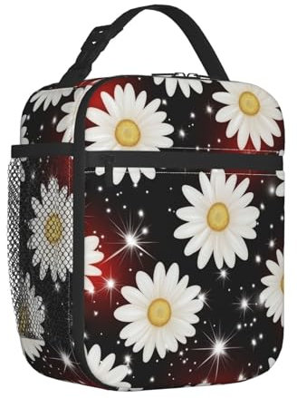 Mexpekil Lonchera térmica con diseño de margaritas y estrellas brillantes para mujeres y hombres, lonchera térmica portátil con bolsillo lateral de malla para adultos, lonchera para el trabajo