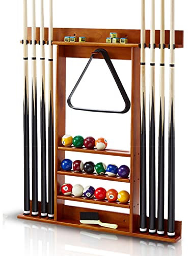 Billiard Stick Rack Wall Mount Holds 8 Pool Cues Full Set of Balls and Accessories Compact Pool Table for Man Cave Brown 8 Ball Holder Stand