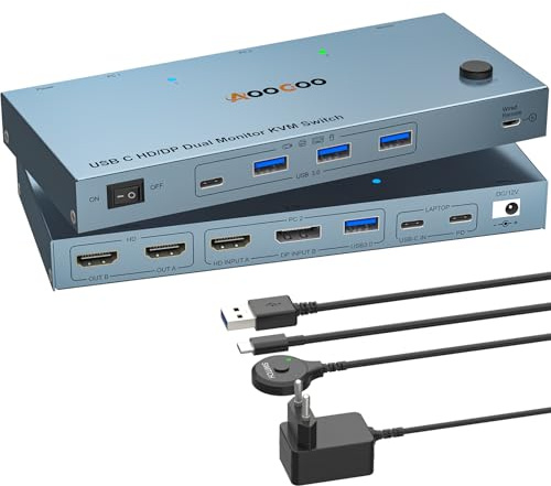 USB C KVM Switch 4K@60Hz, Dual Monitore DP HDMI KVM Switches für 1 PC und 1 Laptop mit 4 USB 3.0 Häfen, PD Stromversorgung für Laptop, Kabelfernbedienung, USB Kabel im Lieferumfang enthalten