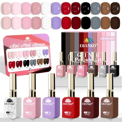 EBANKU 12 Colori 15ML Smalto Gel Set, Borgogna Rosso Rosa Viola Nero Bianco Marrone Smalto Semipermanente per Unghie Soak Off UV/LED Gel Unghie DIY Nail Art Manicure Regalo