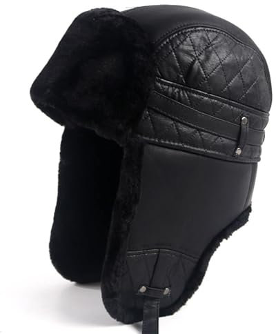 PXPLDYY Russische Mütze Winter Trapper Warme Pilotenmütze Aus Leder Sowjetische Russische Uschanka Faxu Pelzmützen Bombermütze Mit Ohrenklappen Herren Schneemützen, Dunkelgrau, 59–60 cm