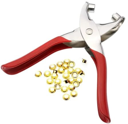 Juego de alicates multifuncionales para perforar Ojales, Remaches, Telas, Cuero y Lona, con 100 Anillos de latón (Rojo)