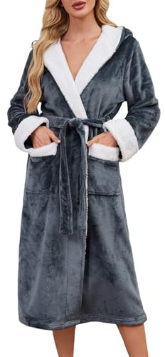 Niwicee Badrock dam fluffig med huva gosig fleece lång varma badrockar för kvinnor mjuk morgonrock, morgonrock med fickor – storlek S – XL, GRÅ, L