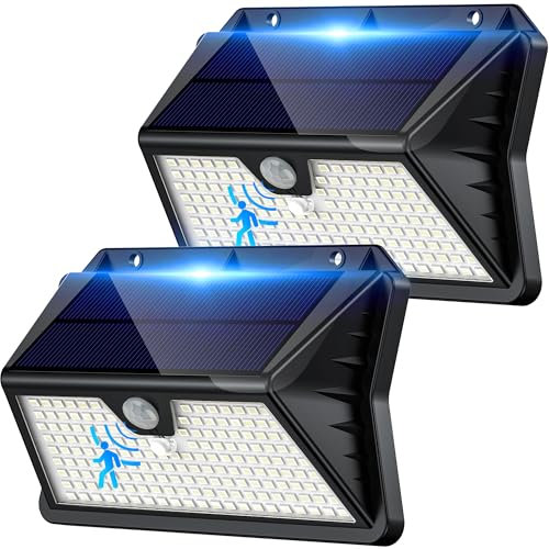 Giliwosy Outdoor Solar Lights, 3 Lighting Modes IP65 Waterproof Security Lights Outdoor Motion Sensor 185 LED Solar Powered Wall Lights for Garden Fence Yard (2 Pack Cold White)