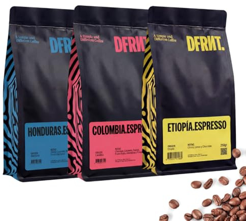 DFRNT. Café de Especialidad en Grano Colombia, Honduras y Etiopía | Pack Travesía | 3x250gr | Pack Degustación (86.75 Puntos SCA) Specialty Coffee 100% Arábica Ideal para Cafeteras Espresso