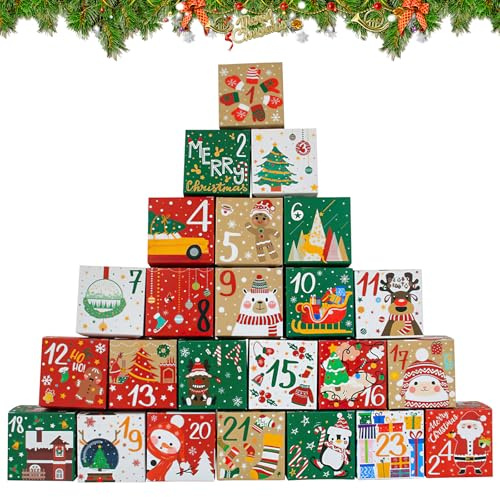 Calendrier de l'Avent Vide à Remplir, 24 Pièces DIY Boîtes Cadeau Noël pour Calendrier de l'Avent à Remplir Soi-Même, Boite Cadeau Noel Vide, Boîtes Cadeaux de Noël