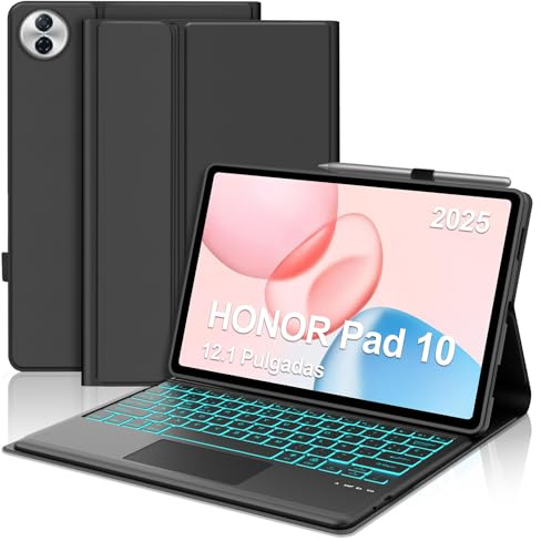 SENGBIRCH Funda Teclado para Honor Pad 10 12.1 con Touchpad, Español Ñ Teclado QWERTY Diseño Retroiluminación para Honor Pad 10 2025 12.1 Pulgadas, Magneticamente Desmontable Keyboard, Negro