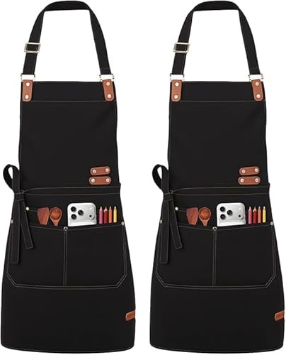 Meng Jiaran 2 Packs Canvas Aprons, Chef Apron for Men Women with Pockets, Adjustable Heavy Duty Waterproof Apron, for Cooking, Baking, Garden, Artist Painting
