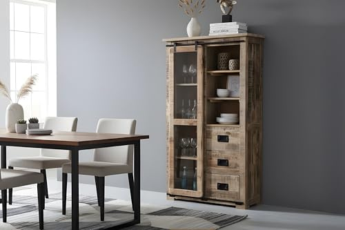 SAM Vitrine Libro, Mangoholz massiv + Rough, Glasvitrine mit Einer Glasschiebetür, 3 Schubladen & 7 offenen Fächern, Türelemente & Reling aus Gusseisen, 100 x 175 x 45 cm