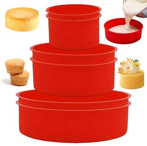 HEUIOP 6 PCS Silicone Cake Mould Silicone Cakes Tins Non Stick Cake Tins for Baking Evenly Dissipate Heat Quickly Release for Making Pancakes Puddings Bread (8/6/4 inch)