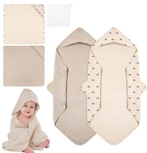Kapuzenhandtuch Baby 2er-Pack - Aus Kapuzenhandtuch Baby Handtuch mit Kapuze 76x76cm, Musselin Baumwolle kind mit 2 Taschentüchern extra weich saugfähig Geeignet für Neugeborene und kinds 0–18 Monate