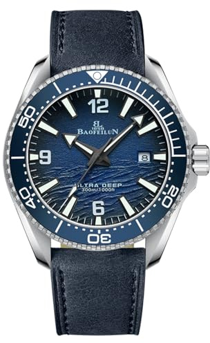 BAOFEILUN Uhren Herren Automatik mit Japanischem Werk, Leuchtende U-Boot & Maritimem Wellen-Zifferblatt - 42mm Edelstahlgehäuse, Keramik-Lünette, Leder-und Edelstahlarmband, Perfektes Männergeschenk