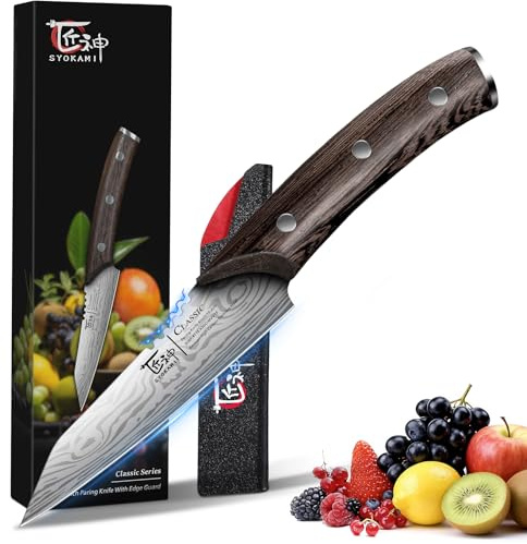SYOKAMI 4 inch Paring Knife with cover, chef knife, Japanese style High Carbon Stainless Steel Small Kitchen Knives for Fruit, Damascus Pattern Full Tang Design Ergonomic Wood Handle and Gift Case