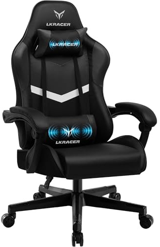 GTPLAYER Gaming Stuhl Bürostuhl Massage Gaming Sessel Ergonomischer Gamer Stuhl, Kopfstütze Massage-Lendenkissen, Gepolstert Gaming Chair, Drehsessel 150KG, Schwarz