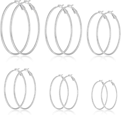 PacuM 6 Paar Ohrringe Creolen Silber Hypoallergenes Material Silber Creolen Glänzend Mit Verschluss Silver Hoop Earrings Modeschmucksets für Frauen Women 20/30/40/50/60/70 mm
