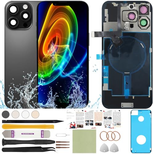 ReuWeu Rear Back Screen Cover Replacement Compatible with iPhone 16 Pro All Carriers 6.3(Black) | Pre installed all necessary accessories: plate + wireless charging coil flex cable + microphone + flashlight + camera frame