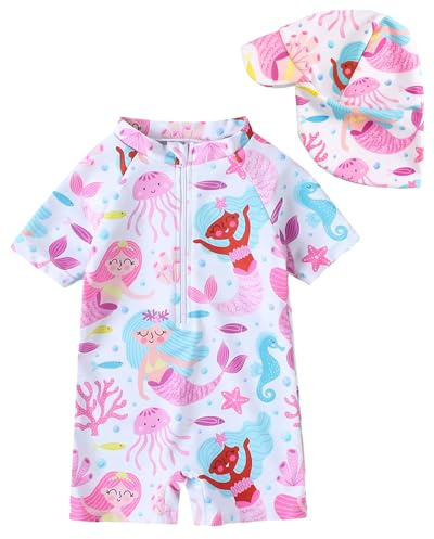 Costume da bagno per neonato e bambina, protezione UV 50, costume da bagno con cuffia, maglietta solare per bambini, 3 mesi - 3 anni, Sirenetta, 6-12 mesi