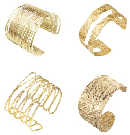 Rthynti Gold Bangle Wide 4Pcs Open Metal Wire Bracelet, Cuff Bracelet for Women, Gold Arm Cuff Bangle Bracelet for Party Daily Gifts