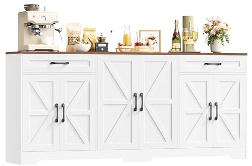HOCSOK Sideboard, 180cm Large Kitchen Sideboard with 6 Barn Doors & 2 Drawers, Farmhouse Kitchen Cabinet with Adjustable Shelves, Buffet Cabinet for Living Room, Dining Room, White, 180x87x34 cm