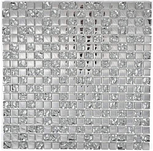 Mosaik Fliese Transluzent Glasmosaik Crystal Silber Glas für WAND BAD WC DUSCHE KÜCHE FLIESENSPIEGEL THEKENVERKLEIDUNG BADEWANNENVERKLEIDUNG Mosaikmatte Mosaikplatte