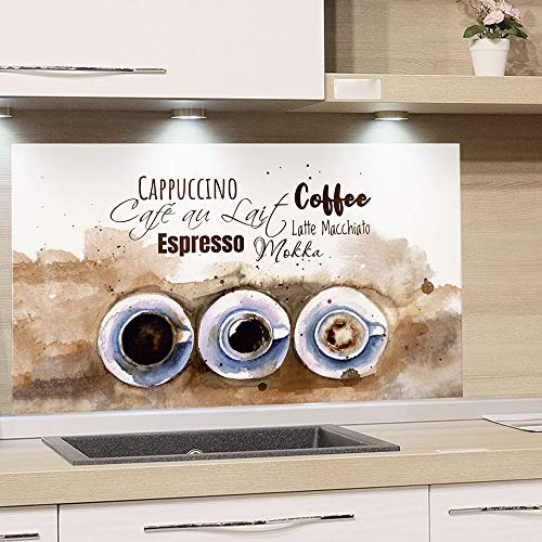 GRAZDesign Spritzschutz Küche Herd, Kaffee Motiv in braun - beige mit Tassen, Küchenrückwand aus Echtglas, Wandschutz Glasbild 4mm ESG Glas / 80x40cm