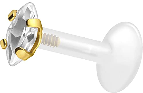 PIERCINGLINE PTFE Labret mit Gewinde Titan AUFSATZ EINGEFASSTER KRISTALLTROPFEN Goldfarben 2,5 x 5 mm Kristall 1,2 x 5 mm