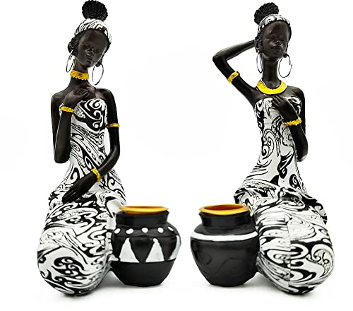 AKACIJA African Statues Art Sculptures Women Figure Girls Tribal Lady Figurine Black Women Home Decor Collectible Creative Vintage Gift Crafts (Black+White)