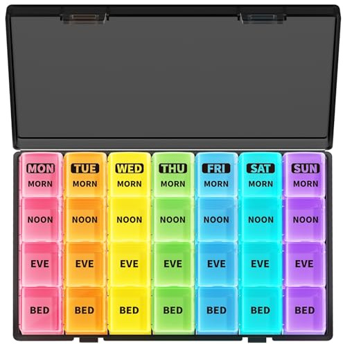 Opret Pill Box 7 Day 4 Times a Day, Weekly Travel Tablet Organiser - Black | Pill Organiser with case, Portable, Compact, 28 Compartments, for Vitamin Fish Oil Supplements Medication