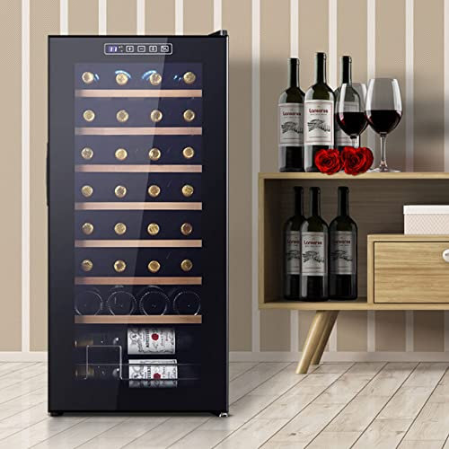 0℃ Outdoor Vinoteca, Nevera para Vinos, Refrigeración por Compresión, 2 Zonas, 7 Estantes de Madera, Panel de Control, Iluminación Interior LED, Acabado Moderno, 93 L, hasta 32 Botellas, Negro