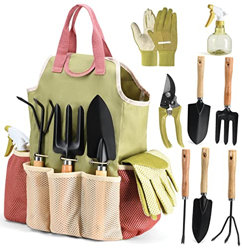 Gardening Tools Set of 10 - Complete Heavy Duty Garden Tools Set with Fashion Handbag - Durable Gardening Supplies Kit Ideal Garden Gifts for Women