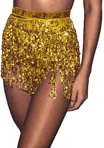 Bufenia Damen Bauchtanz Hüftrock Quaste Pailletten Hüftschal Riemchen Wrap Rave Röcke Halloween Kostüm Club Festival (Gold)