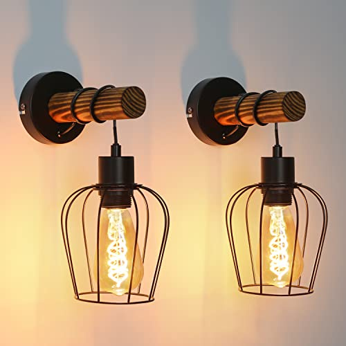 ZMH 2er Wandleuchte innen Holz Vintage Wandlampe mit Schalter Industrial | E27 Retro Wandstrahler 1 Flammig Schwarz aus Metall Wandspot Bettlampe für Schlafzimmer Wohnzimmer Flur - Ohne Leuchtmittel