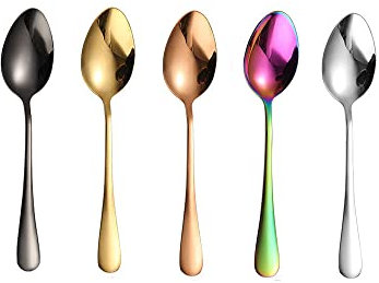 Suppenlöffel aus Edelstahl (5 Stück, mehrfarbig) – Spiegel-Finish, Küchen-Servierlöffel für Suppe, Reis, Tee, Milch, Kaffee, Dessert, Eis