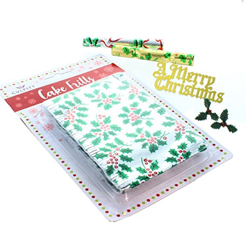 Culpitt Traditionelles Stechpalmen-Weihnachtskuchendekorationsset, festliche Kuchendekorationen inkl. Stechpalme, Knallbonbons, Goldtafel und Silberkuchenrüschen – 5-teiliges Set