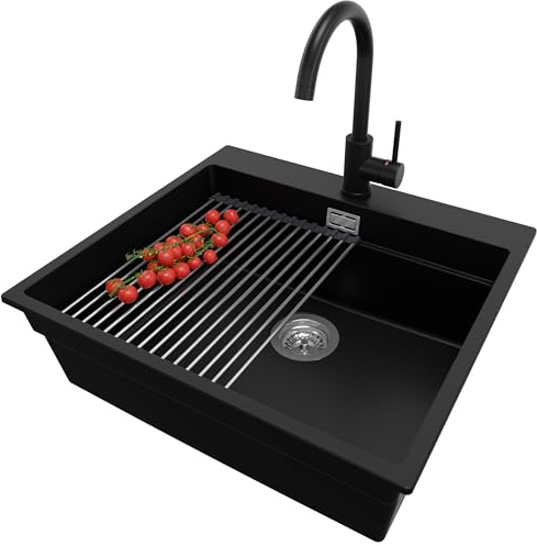 PRIMAGRAN Lavandino da Cucina al Mobile 60cm + Rubinetto, 58x53cm | Set: Rubinetto BW5010 + Kit di scarico + Scolapasta avvolgibile + Lavello in Granito a 1 Vasca - Oslo Max Level, Nero