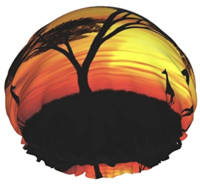 Lustige Duschhaube mit afrikanischem Sonnenuntergang, bedruckt, doppelt wasserdicht, elastisch, wiederverwendbar, Badekappe für langes Haar, lockiges Haar, voluminöses Haar
